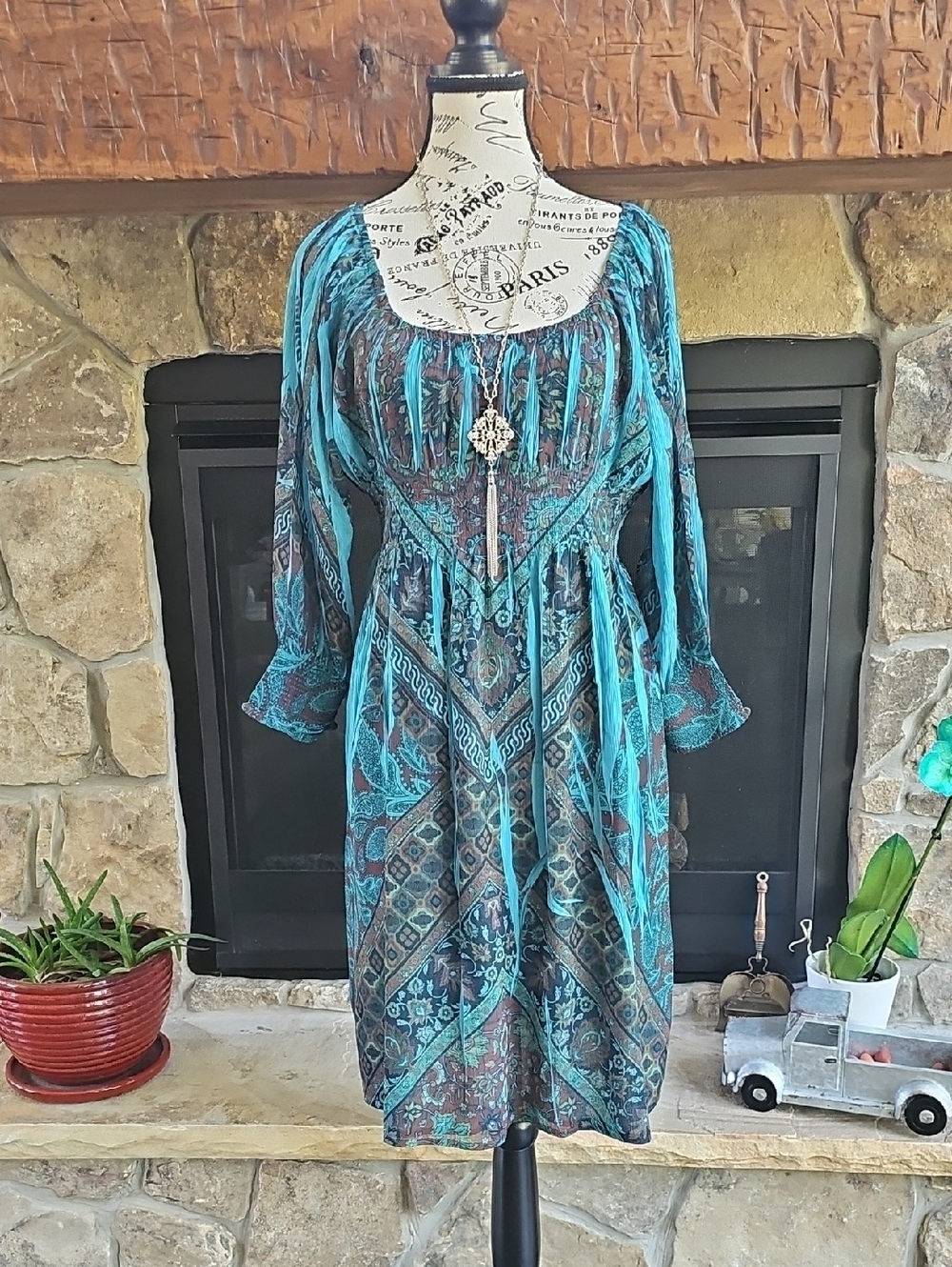 One World Boho Maxi Dress M Turquoise Paisley Print Peasant Sleeve Resort Anthro